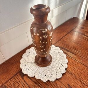 Handcrafted Brown Wooden Vase with pearlescent Inlay